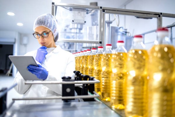 pcb. Aceite de color amarillo en botellas y una mujer en un laboratorio revisando el contenido